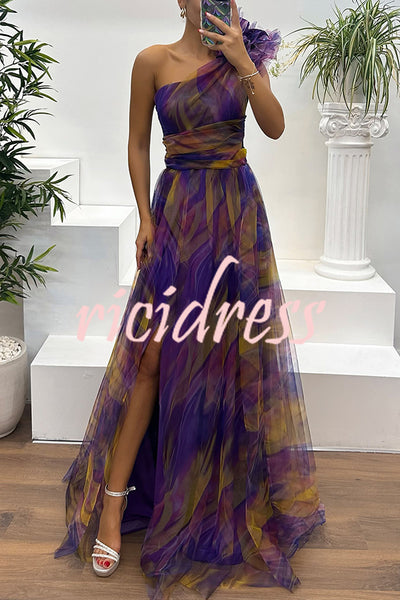 Charming Embrace Tulle Floral Pleated One Shoulder Slit Maxi Dress