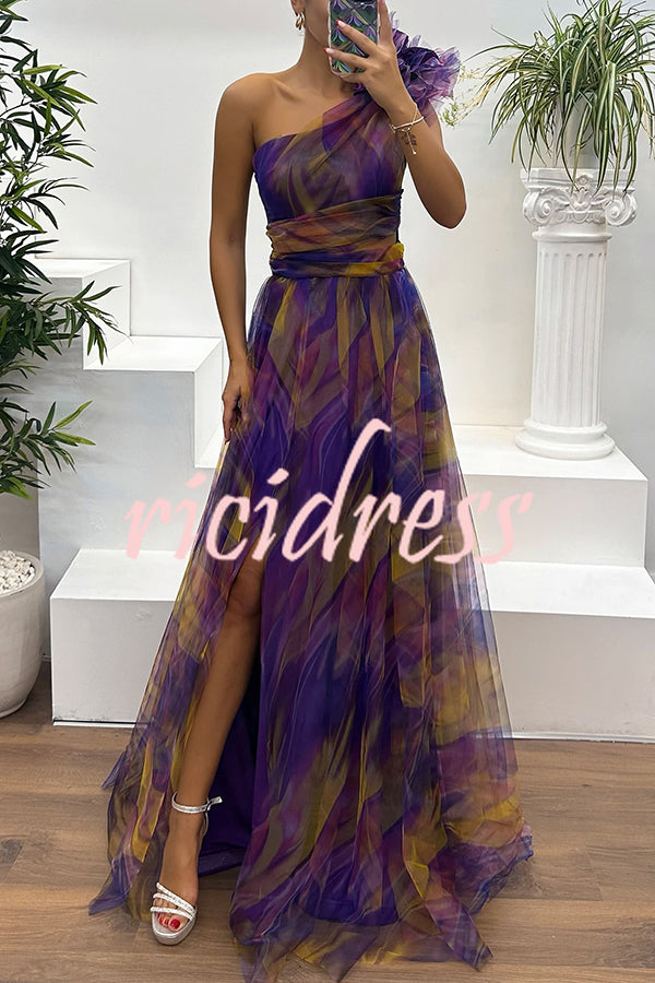 Charming Embrace Tulle Floral Pleated One Shoulder Slit Maxi Dress
