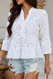 Solid Color Casual Resort Style Hollow V-neck Shirt