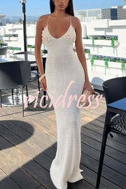 Olivia Crochet Knit Rose Texture Backless Stretch Maxi Dress