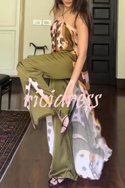 Junea Satin Polka Dot Unique Print Ring Halter Slit Midi Top and Elastic Waist Pocket Pants Set