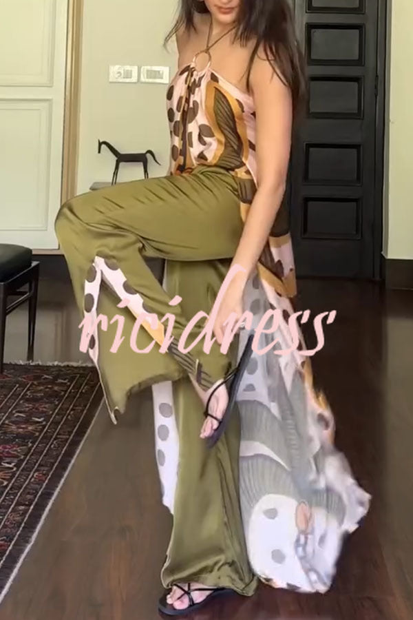 Junea Satin Polka Dot Unique Print Ring Halter Slit Midi Top and Elastic Waist Pocket Pants Set