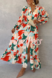 Colorful Printed V-neck Waist High Slit Ruffled Maxi Dress