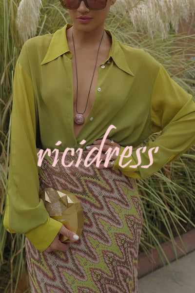 Moonlit Waltz Gradient Print Button Up Long Sleeve Loose Blouse