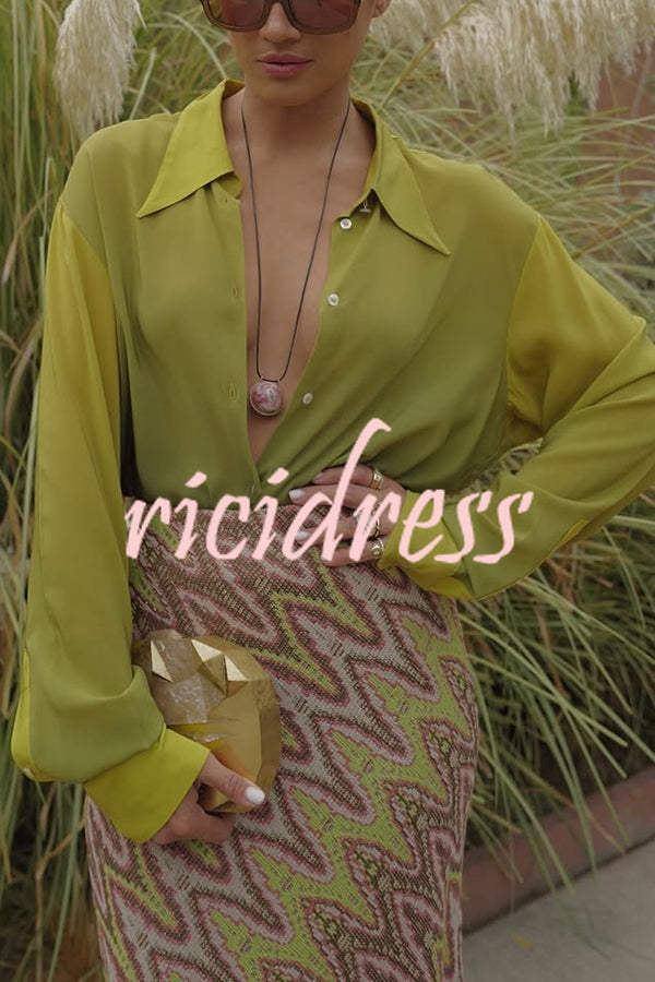 Moonlit Waltz Gradient Print Button Up Long Sleeve Loose Blouse