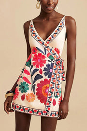 Floral Print V-Neck Suspender Lace-Up Resort Mini Dress