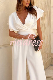 Solid Color V-neck Waist Casual Wide-leg Jumpsuit