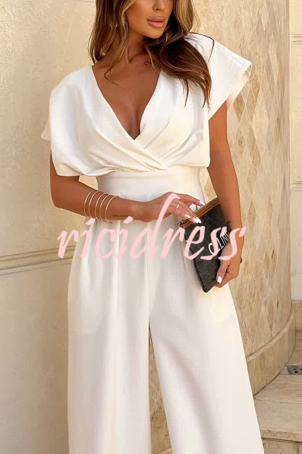 Solid Color V-neck Waist Casual Wide-leg Jumpsuit