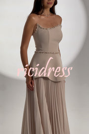 Capture The Moment Gem Trim Pleated Hem Strapless Maxi Dress