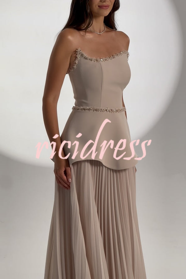 Capture The Moment Gem Trim Pleated Hem Strapless Maxi Dress