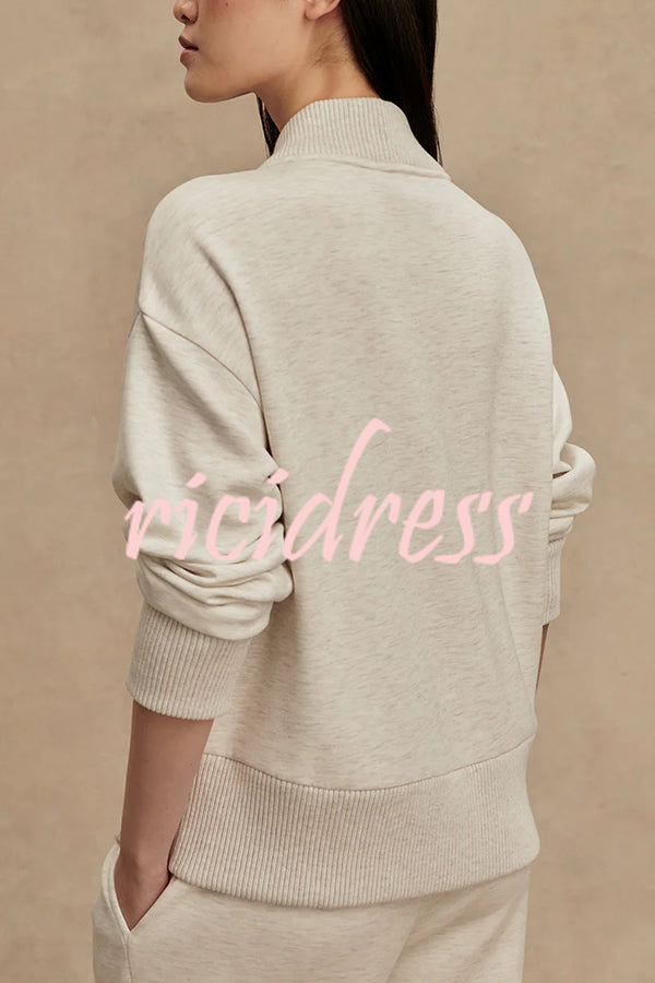Meet The Autumn Ribbed Zipper Neck Sweatshirt and Elastic Waist Pocketed Loose Pants Set