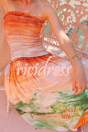 Fairy Tale Town Sunset Unique Print Off Shoulder Smocked Maxi Dress