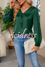 Satin Pleated V-neck Long-sleeved Loose Shirt