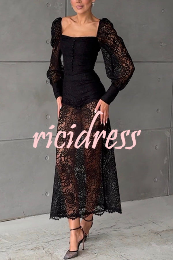 Timeless Moment Floral Lace Square Neck Button Up Balloon Sleeve Top