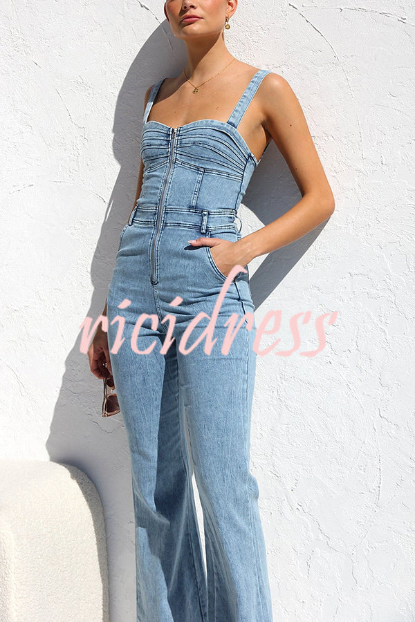 The Lexie Denim Adjustable Straps Zip-up Pocketed Stretch Flare Jumpsuit