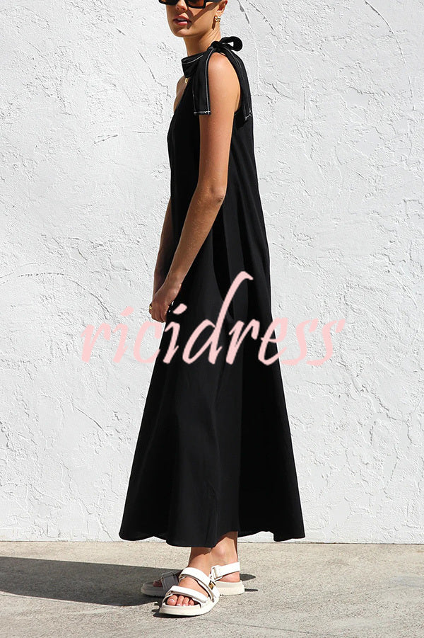 Solid Color One-shoulder Strappy Elegant Sloping Collar Loose Maxi Dress