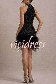 Dazzling and Playful Sequin High Neck Feather Trim Stretch Mini Dress