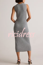 Soft and Warm Cashmere Ribbed Knit Sleeveless Midi Sweater Dress