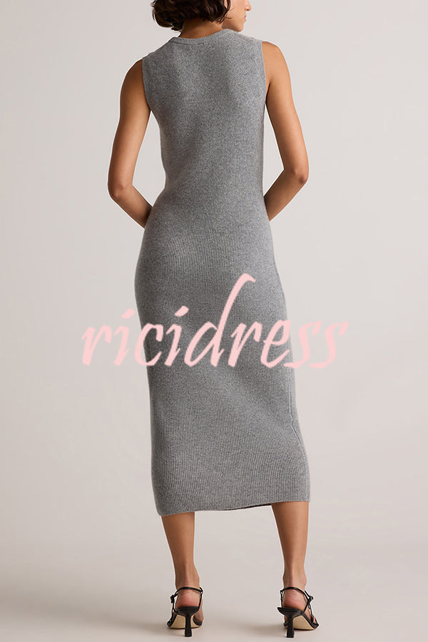 Soft and Warm Cashmere Ribbed Knit Sleeveless Midi Sweater Dress