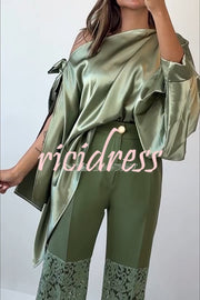 Chic Moment Satin Irregular Knot Slit Sleeve One Shoulder Loose Blouse