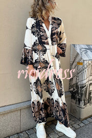 Gracie Paisley Print Button Up Bell Sleeve A-line Maxi Dress