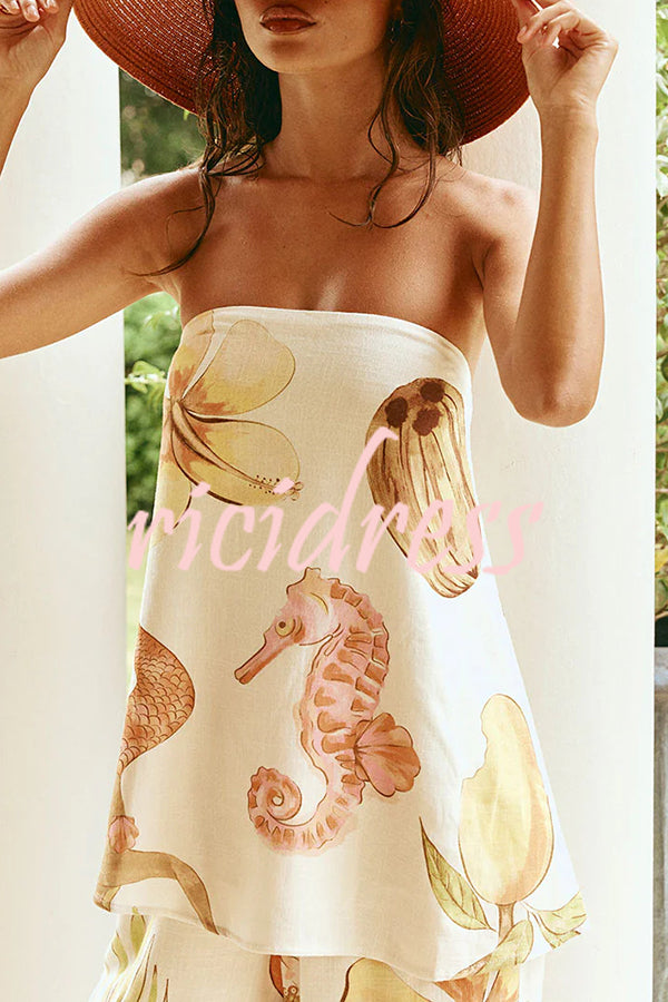 Island Time Linen Blend Unique Print Strapless Top and Elastic Waist Pocket Loose Pants Set