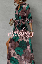 Floral Print Lapel Waisted Lace-up Long-sleeve Maxi Dress