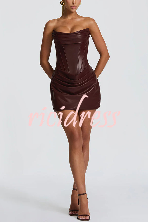 Palmer Faux Leather Pleated Off Shoulder Neck Slit Stretch Mini Dress