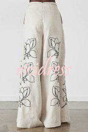 Elaina Linen Blend Floral Print Button Pocketed Wide Leg Palazzo Pant