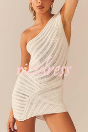 Solid Color Sexy One Shoulder Hollow Stitching Slim Fit Knitted Mini Dress