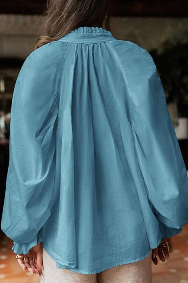 Solid Color V-neck Ruffled Lantern Sleeve Loose Casual Shirt