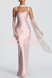 Calanthe Satin Square Neck Ruched Back Lace-up Drape Mesh Scarf Maxi Dress