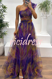 Charming Embrace Tulle Floral Pleated One Shoulder Slit Maxi Dress