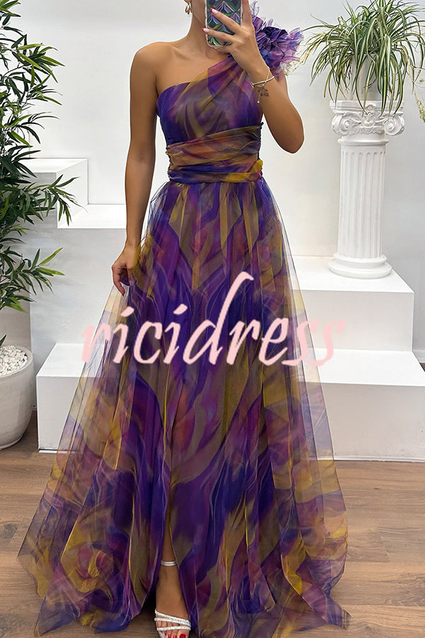 Charming Embrace Tulle Floral Pleated One Shoulder Slit Maxi Dress