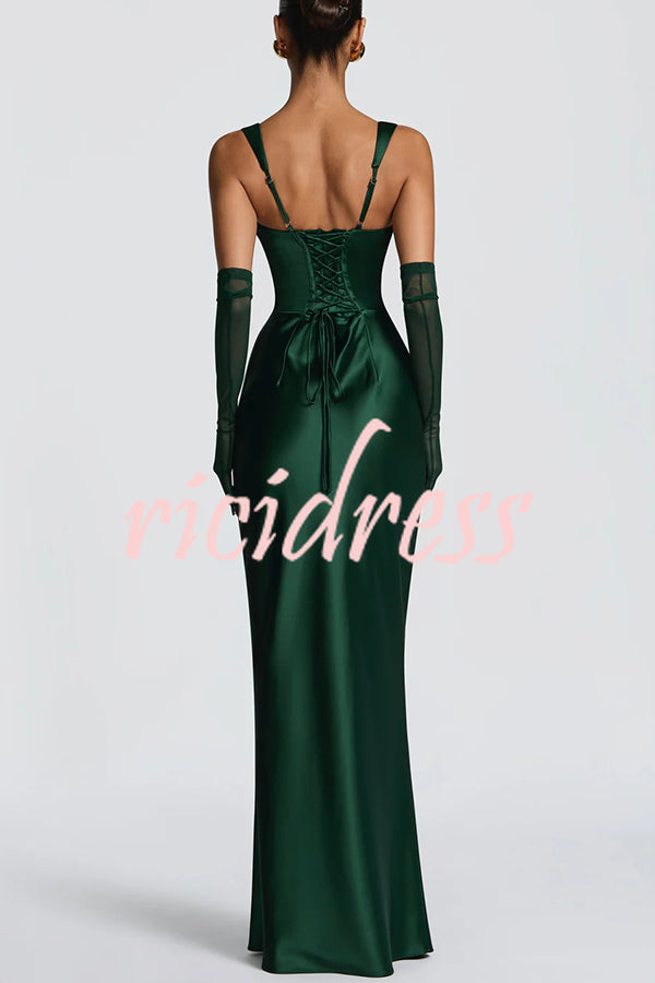 Calanthe Satin Square Neck Ruched Back Lace-up Drape Mesh Scarf Maxi Dress