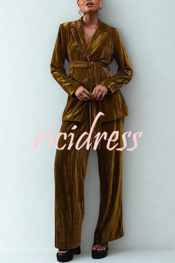 Solid Color Velvet Long-sleeved Waist Tie Top and Elastic Waist Casual Pocket Straight-leg Pants Set