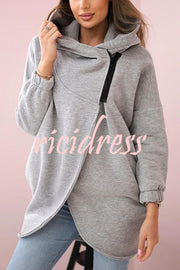 Solid Color Loose Hooded Zip-up Casual Sports Jacket