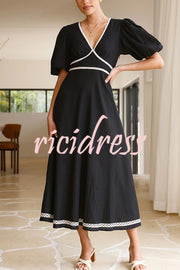 Fashionable Contrasting Color Edge V-neck Puff Sleeve Midi Dress