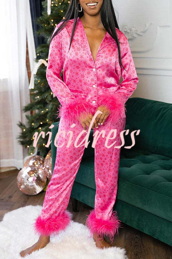 Christmas Besties Party Printed Feather Trim Elastic Waist Pocketed Pajama Set