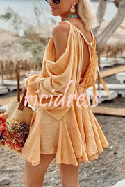 Anita Cold Shoulder Ruched Balloon Sleeve Pleated Hem Loose Mini Dress