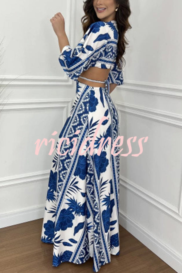 Wilma Unique Print Cutout Elastic Waist Tie-up Kimono Sleeve Maxi Dress