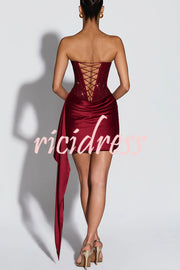 Party Entrance Sequin Corset Ruched Satin Ruffle Hem Strapless Mini Dress