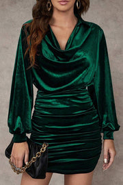 Elegant Velvet Long-sleeved Pleated Slim-fit Mini Dress