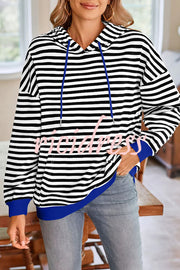 Striped Print Long Sleeve Pocket Loose Hoodie