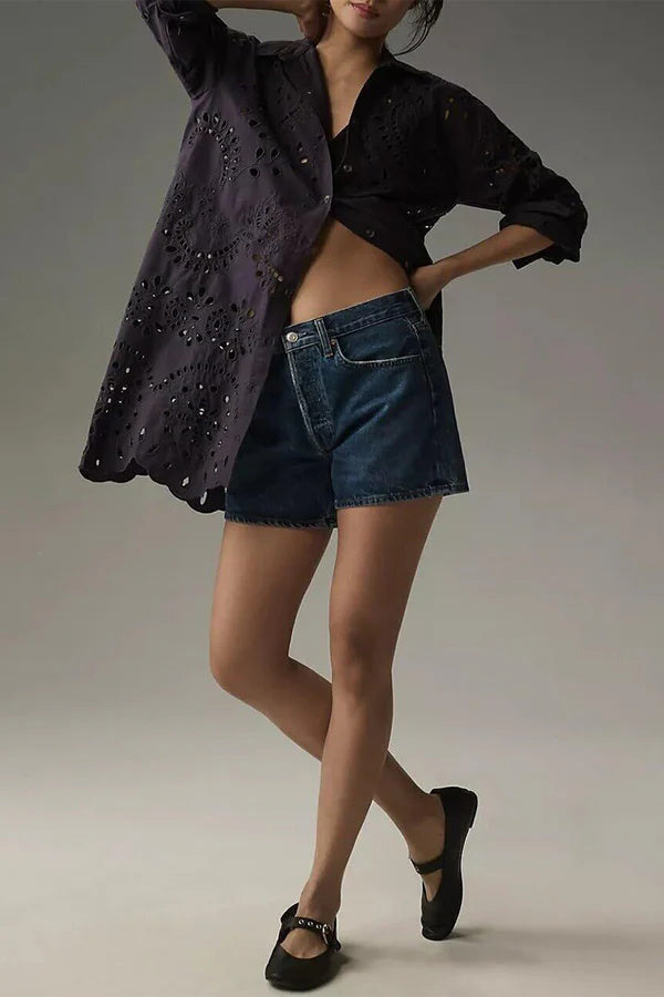 Solid Color Hollow Embroidery Casual Long Sleeve Loose Shirt