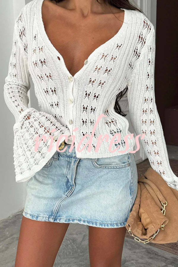 Fashion Hollow Button Long Sleeve V-neck Knitted Cardigan