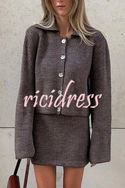 Fashion Lapel Bell Sleeve Knitted Cardigan and Casual Mini Skirt Set