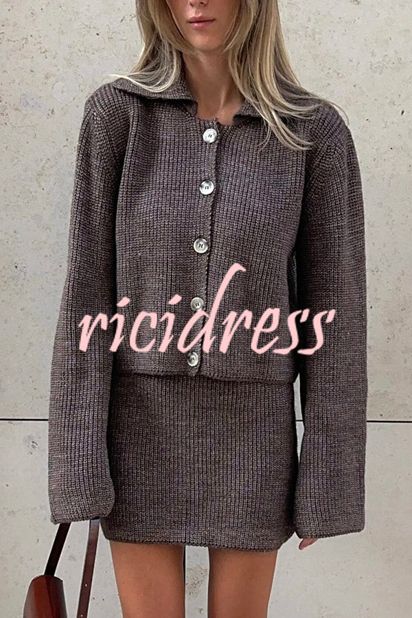 Fashion Lapel Bell Sleeve Knitted Cardigan and Casual Mini Skirt Set