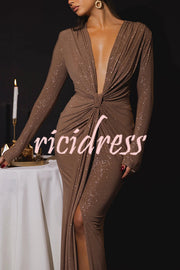 Solid Color Shiny Sexy V-neck Long Sleeve Ribbon Slit Slim Fit Maxi Dress