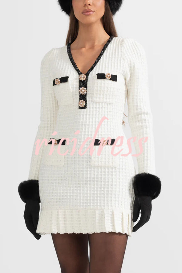 Stylish Waffle Contrast V-neck Ruffled Knitted Mini Dress